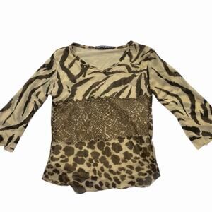 Y2K Jennyfer Women’s Mesh Animal Print 3/4 Sleeve V Neck Blouse Size M